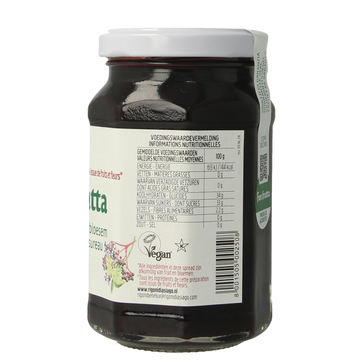 Fiordifrutta Vlierbloesem and vlierbesjam bio broodbeleg jar, 250g, with fresh fruit and flower ingredients.