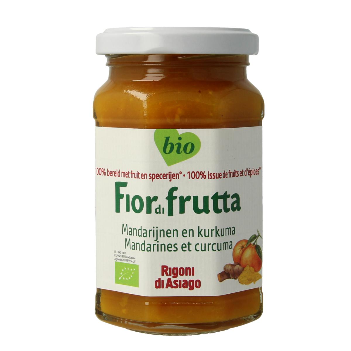 Fiordifrutta Mandarijn & Kurkuma bio jam spread on bread, showcasing vibrant orange color and fresh fruit ingredients.