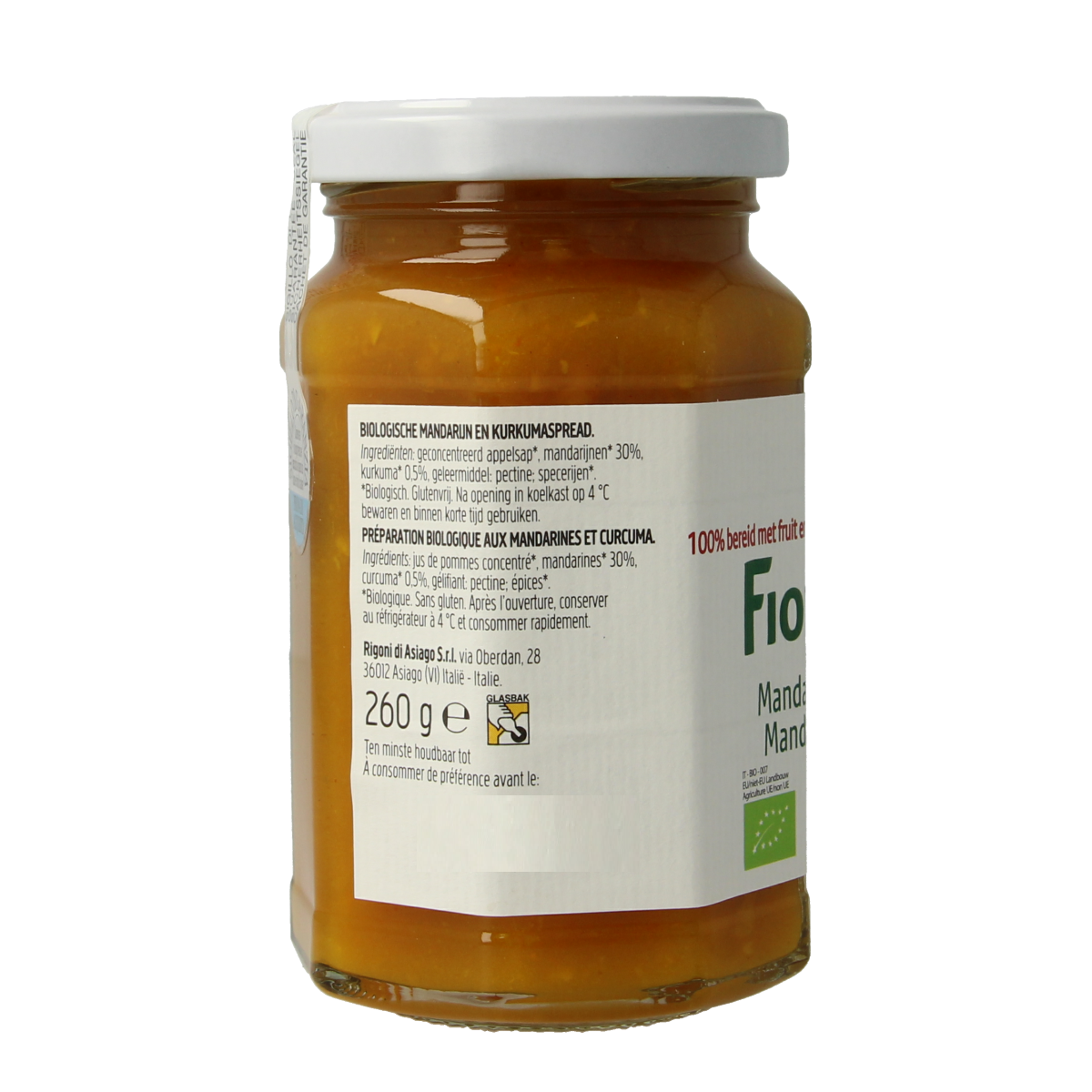 Fiordifrutta Mandarijn en kurkuma biologische broodbeleg jam in 260g jar, showing orange-colored jam spread on bread