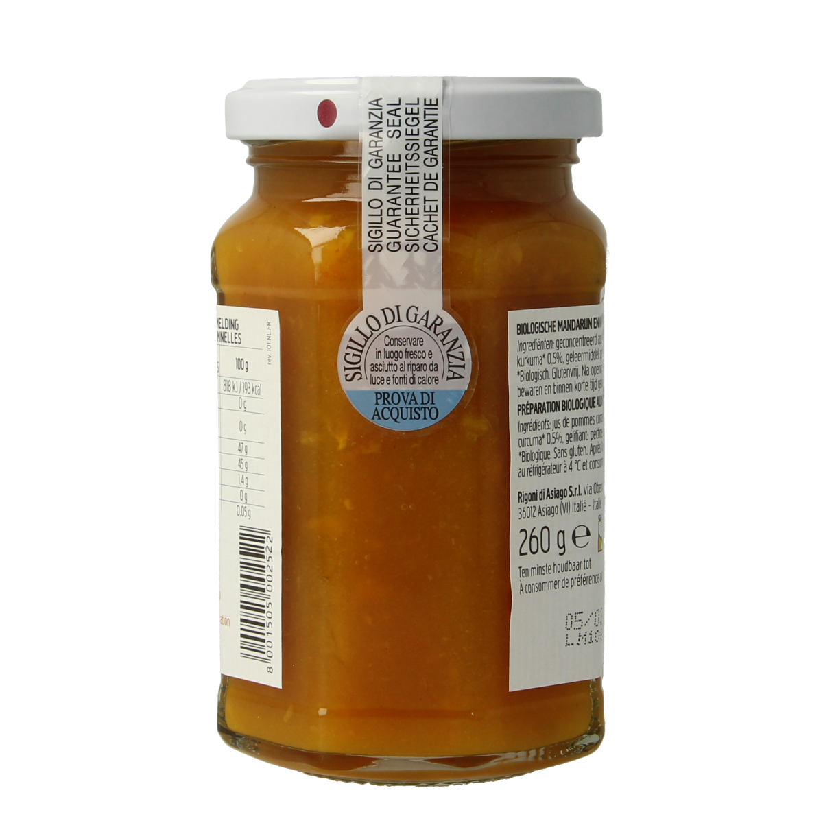 Fiordifrutta Mandarijn en kurkuma biologische broodbeleg jam in 260g jar, featuring citrus and turmeric flavors.