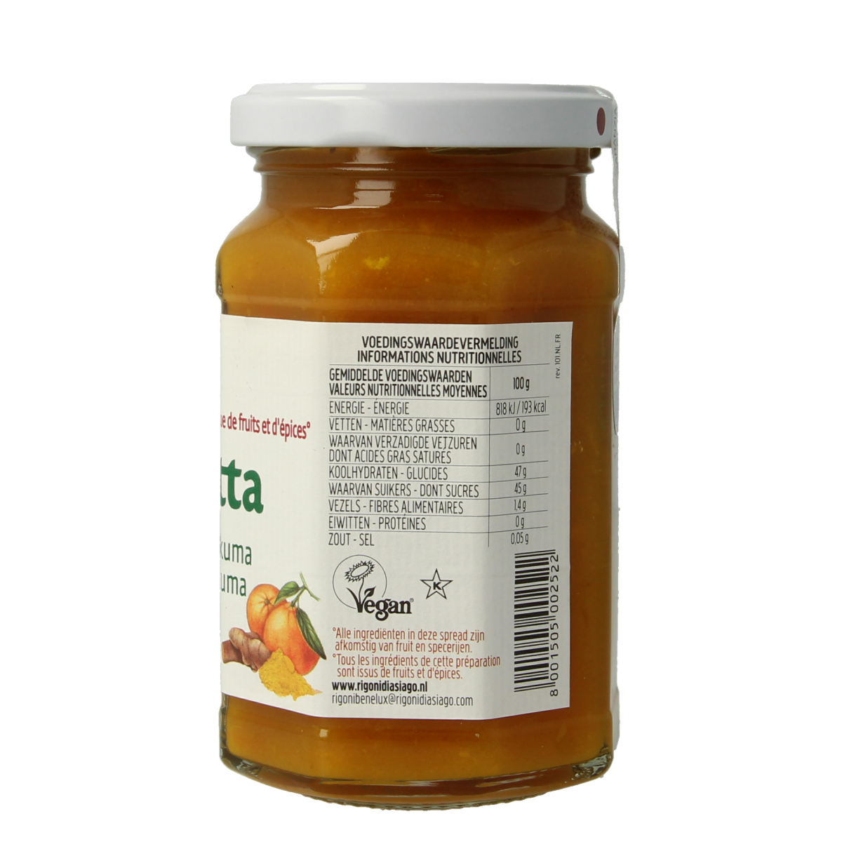 Fiordifrutta mandarin and turmeric organic jam spread on bread, 260g jar with vibrant orange color and label visible