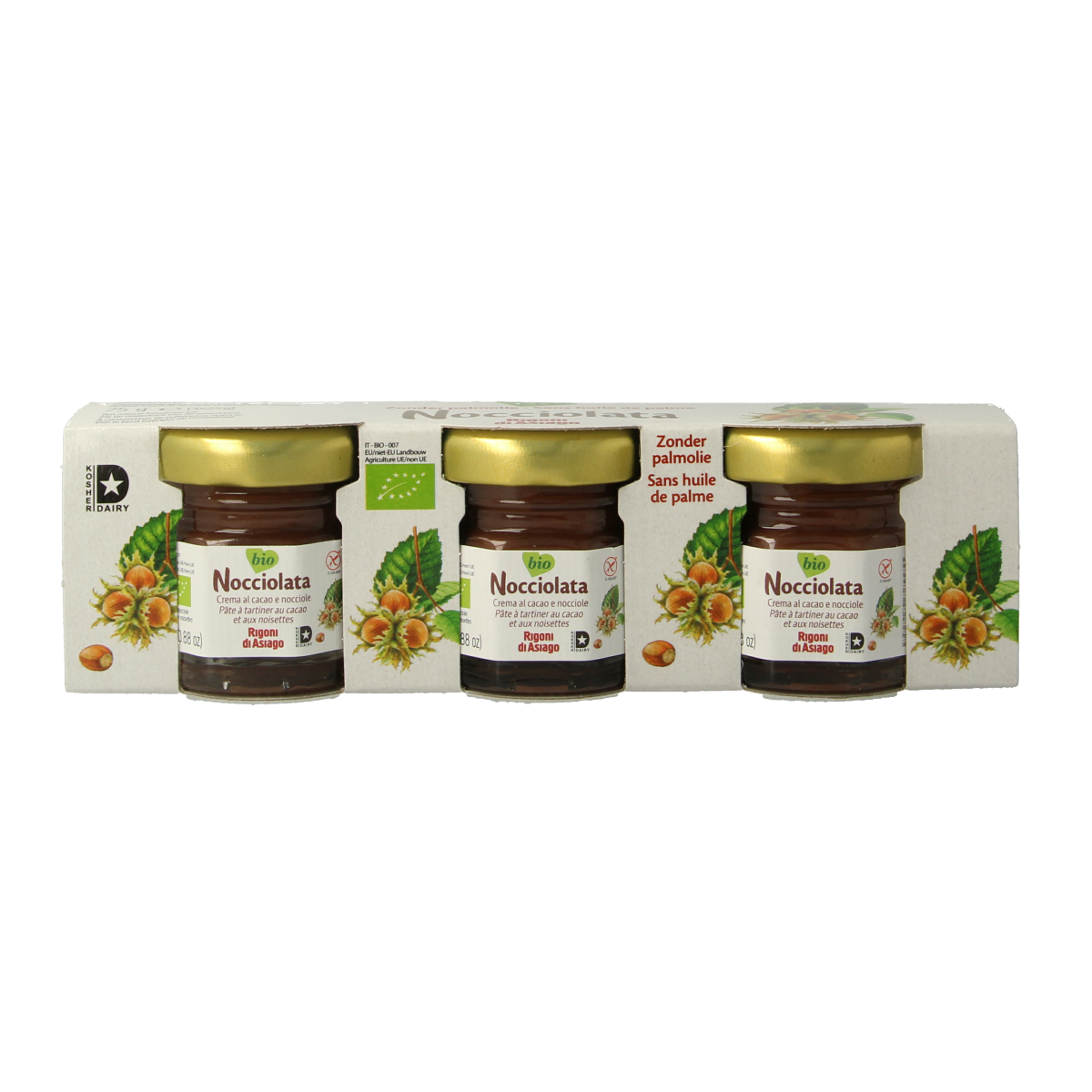 Nocciolata organic hazelnut chocolate spread on bread, 75g jar, creamy and rich with hazelnut and cocoa flavor.