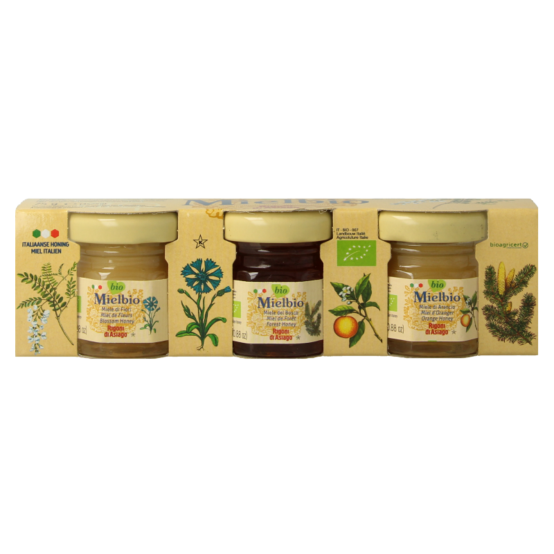 Mielbio organic honey mix in a 25g packet, with a 75g jar, showing the honey blend and packaging.