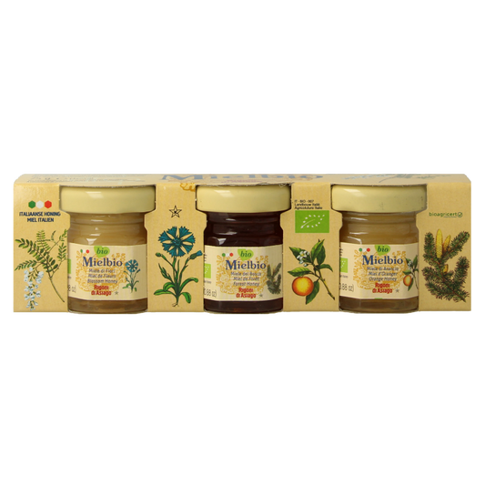 Mielbio organic honey mix in a 25g packet, with a 75g jar, showing the honey blend and packaging.