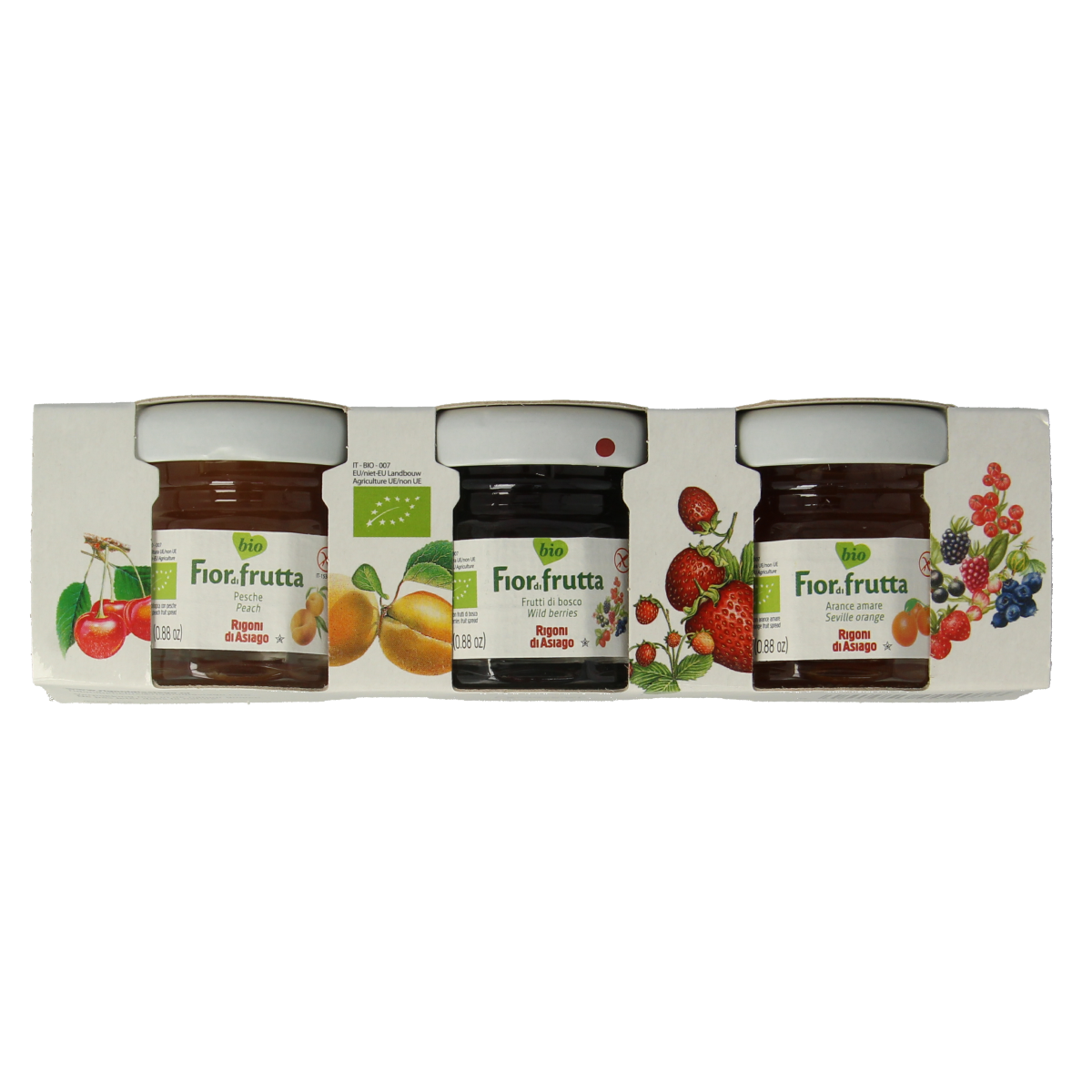 Fiordifrutta organic fruit spread on bread, 25g sample, showing vibrant fruit mixture in a clear jar.