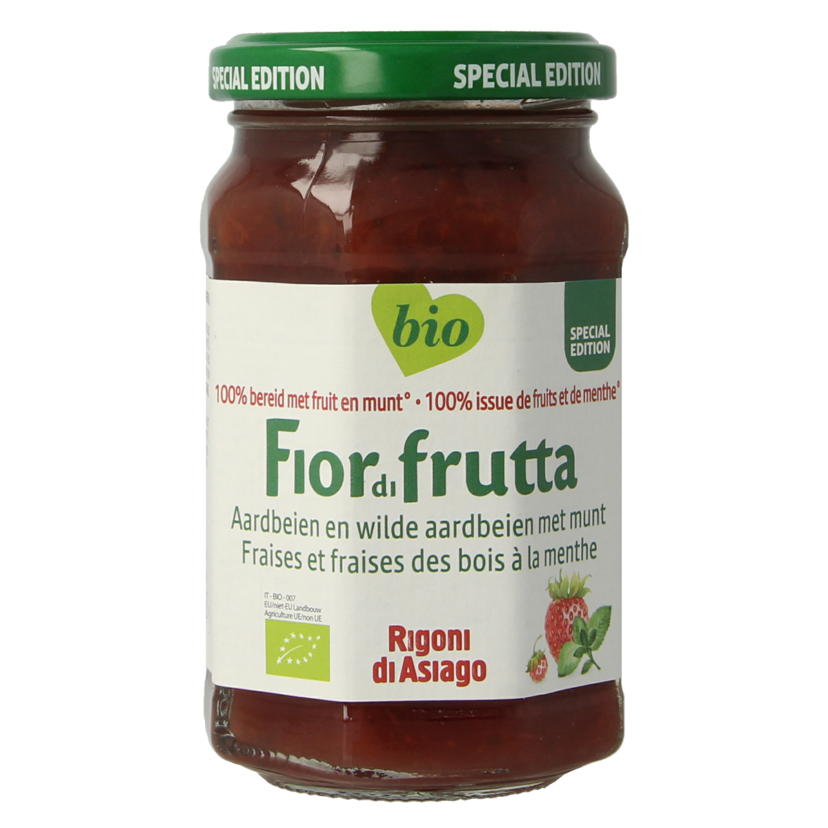 Fiordifrutta strawberry and wild strawberry with mint jam spread on bread, organic broodbebleg, 250g jar.