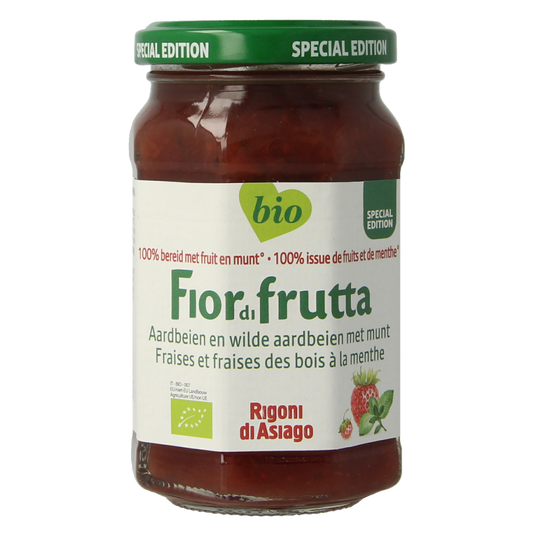 Fiordifrutta strawberry and wild strawberry with mint jam spread on bread, organic broodbebleg, 250g jar.