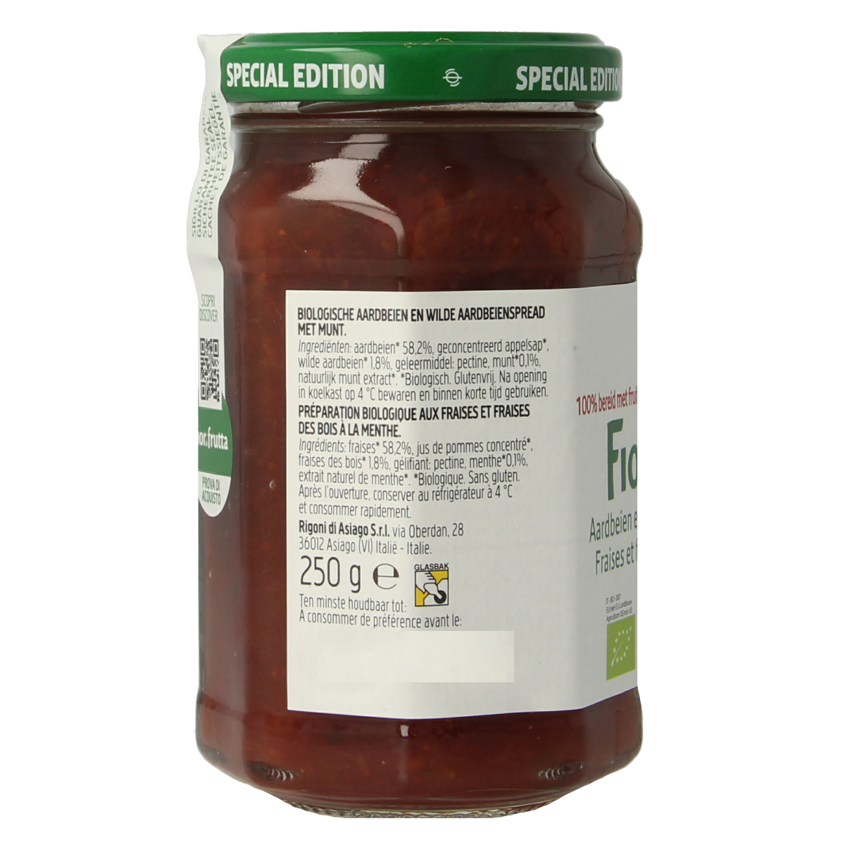 Fiordifrutta strawberry and wild strawberry with mint organic jam on bread, 250g jar, natural fruit spread for breakfast.