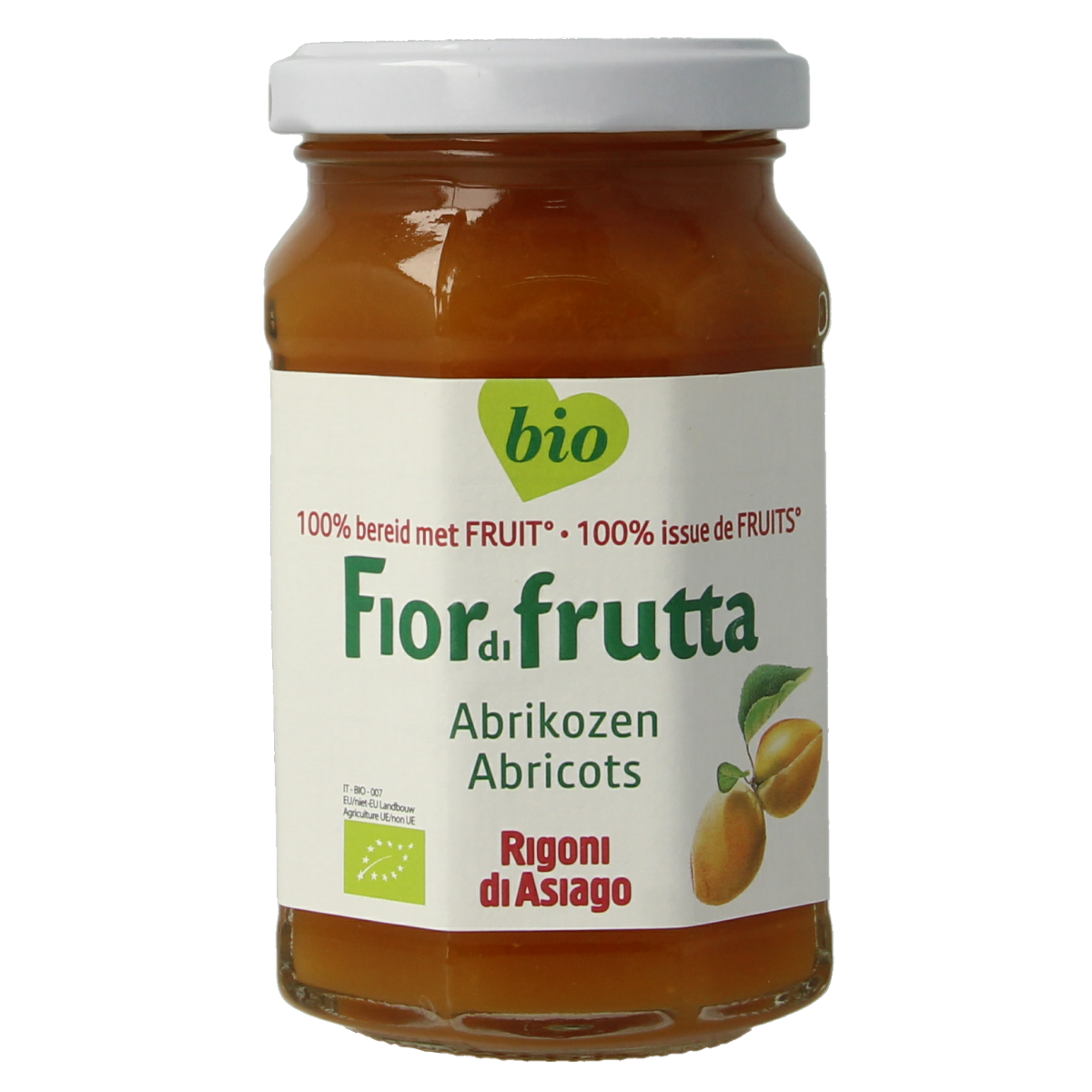 Jar of Fiordifrutta organic apricot jam, 250g, with apricots and spreadable consistency, for bread or toast.
