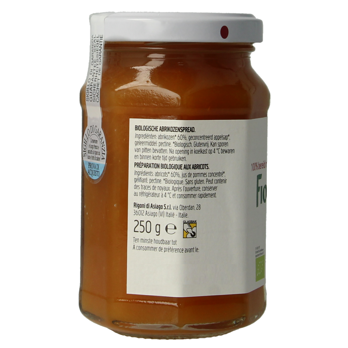 Organic Fiordifrutta apricot jam spread on bread, 250g jar, natural fruit preserve with vibrant apricot color.