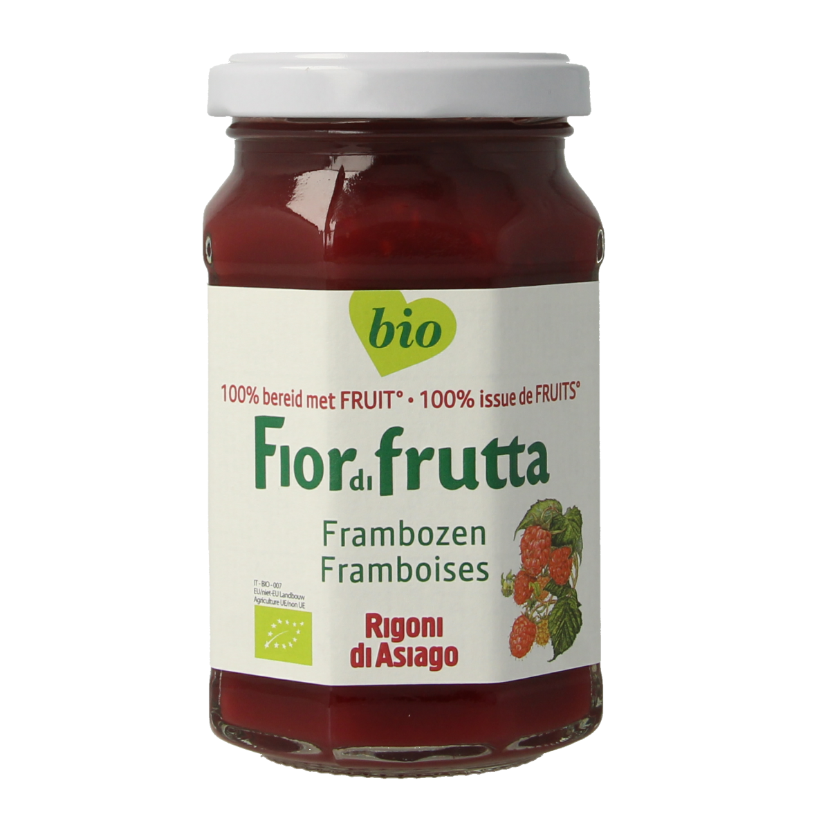 Fiordifrutta bio raspberry jam spread on bread, 250g jar, natural fruit preserves, vibrant red color, close-up view