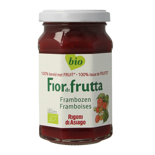 Fiordifrutta bio raspberry jam spread on bread, 250g jar, natural fruit preserves, vibrant red color, close-up view