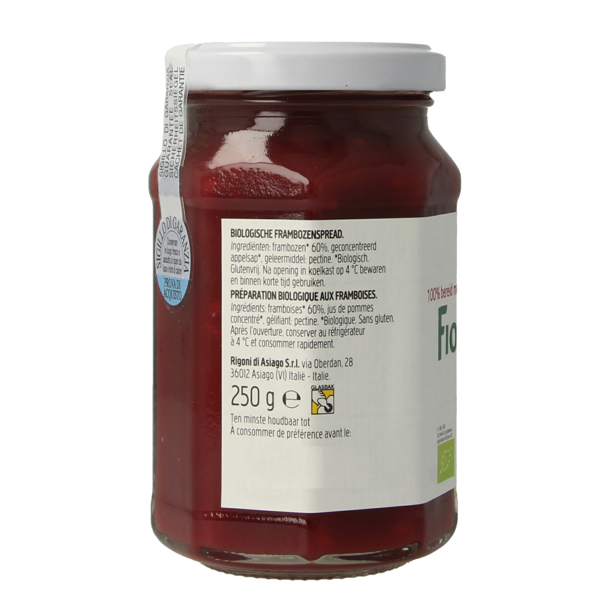 Fiordifrutta organic raspberry jam spread on bread, 250g jar, natural fruit preserves with vibrant raspberry color