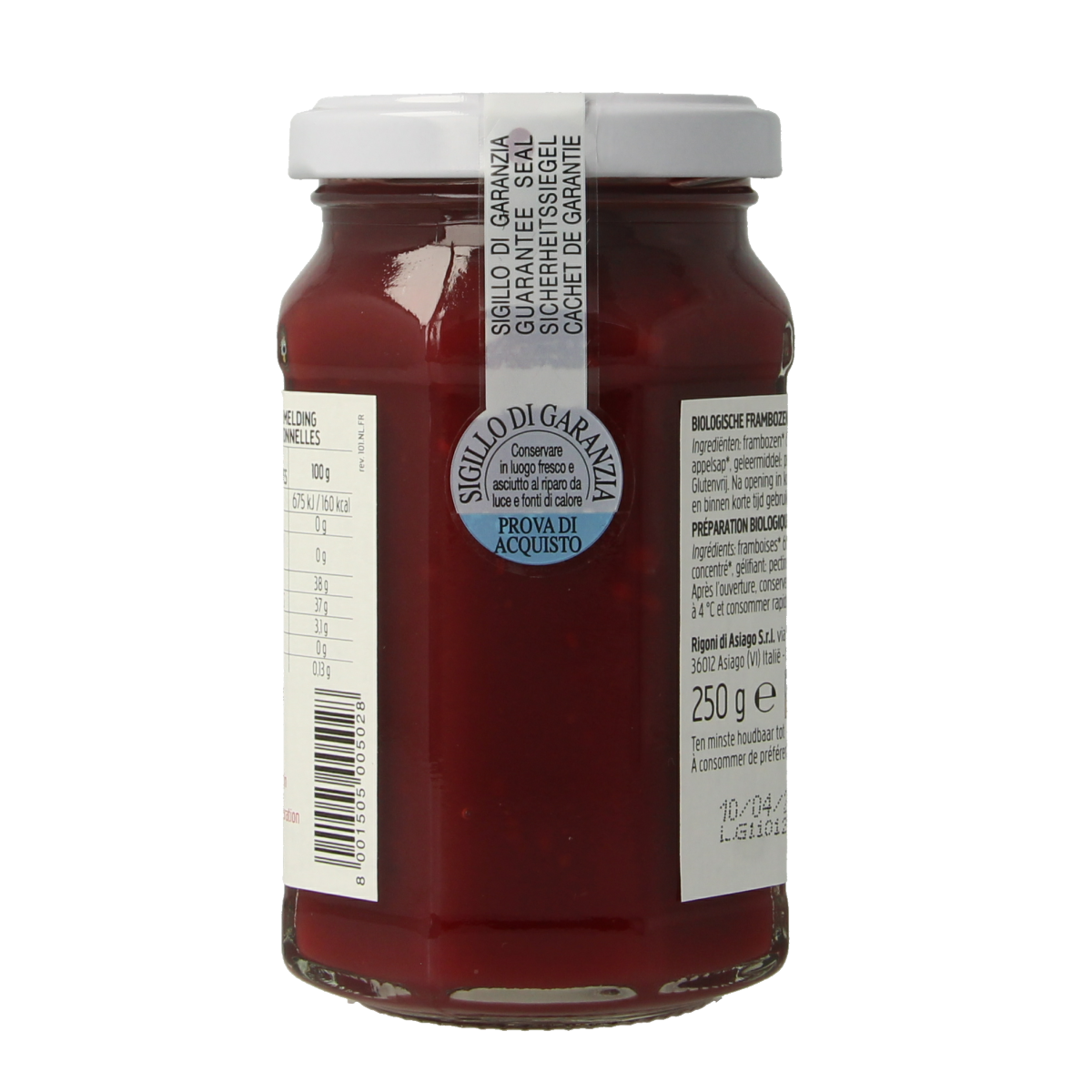 Glass jar of Fiordifrutta Frambozenjam bio raspberry jam as a natural spread on bread, showcasing fresh raspberries and vibrant color.