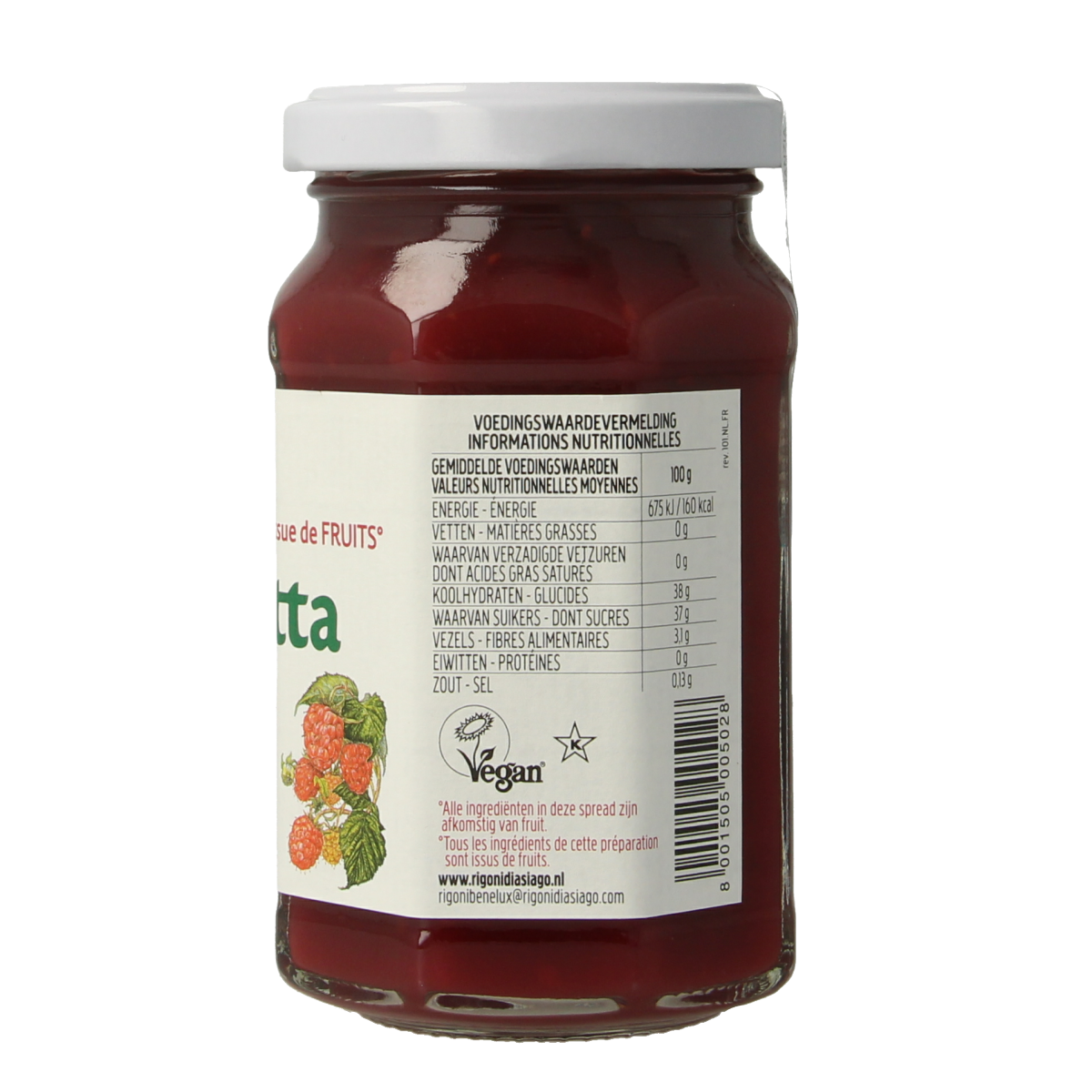 Fiordifrutta Frambozenjam bio 250g jar, natural raspberry jam spread for bread and breakfast.