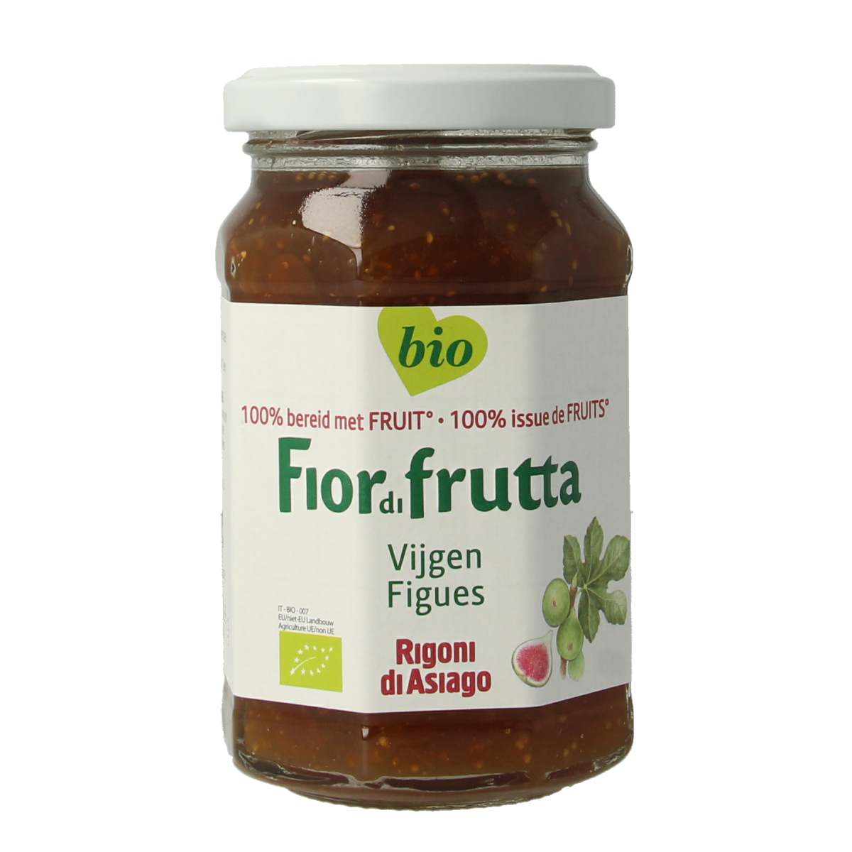 Fiordifrutta Vijgenjam bio spread on bread, featuring fig jam in a 260g jar, with a natural and fresh appearance.