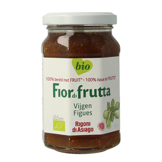 Fiordifrutta Vijgenjam bio spread on bread, featuring fig jam in a 260g jar, with a natural and fresh appearance.