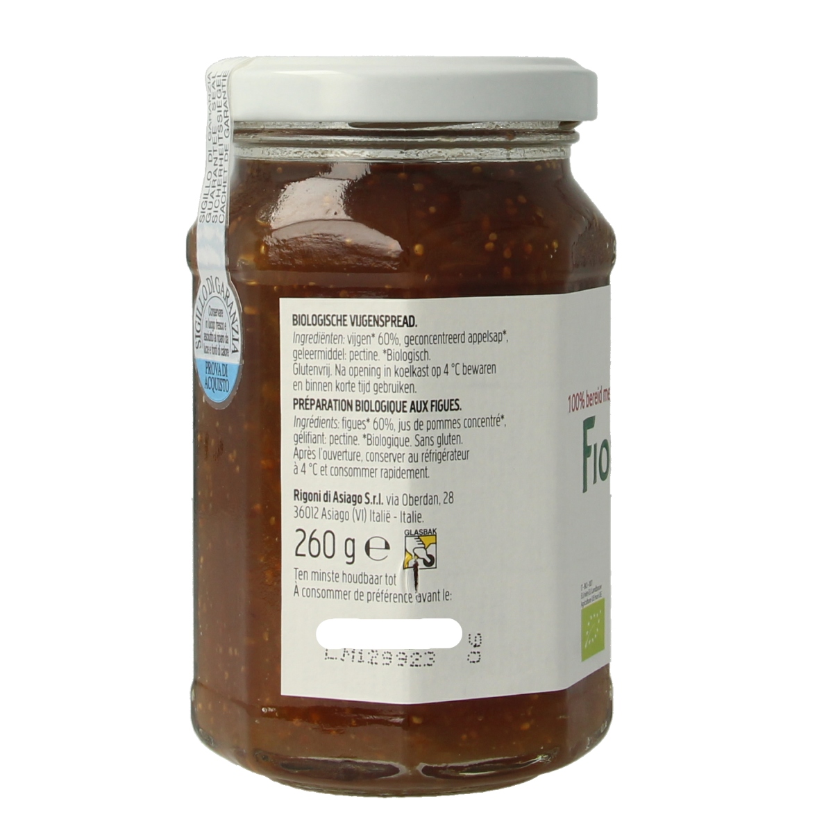 Organic Fiordifrutta fig jam spread on bread, showcasing a jar of Vijgenjam bio for breakfast or snacks.