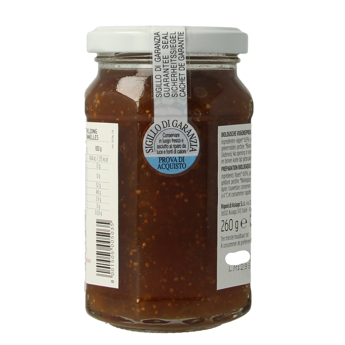 Fiordifrutta Vijgenjam bio broodbeleg spread in jar, featuring ripe figs and natural ingredients in 260g packaging