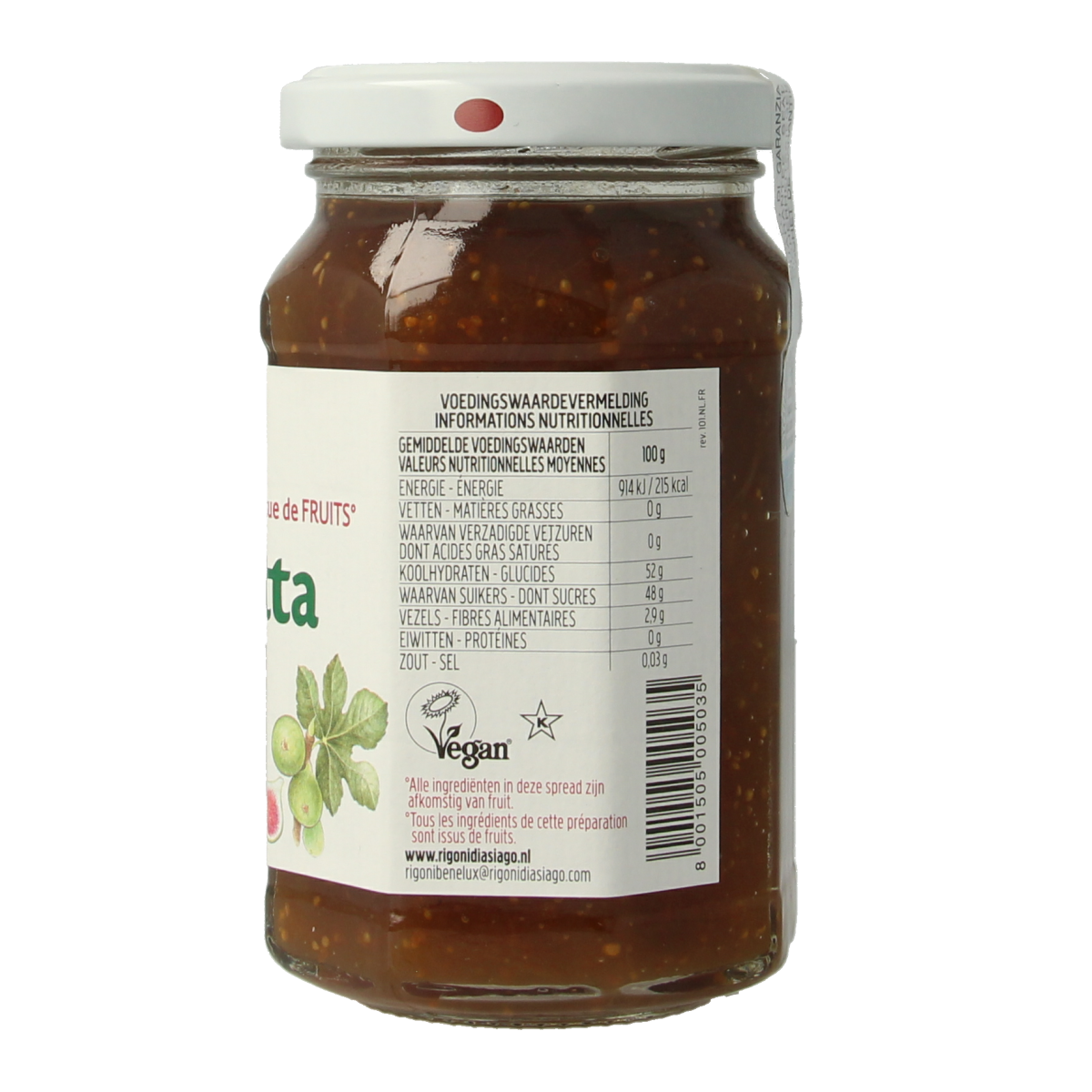 Fiordifrutta Vijgenjam bio spread on bread, showing a jar of fig jam from Fiordifrutta with a spoon and slices of bread.