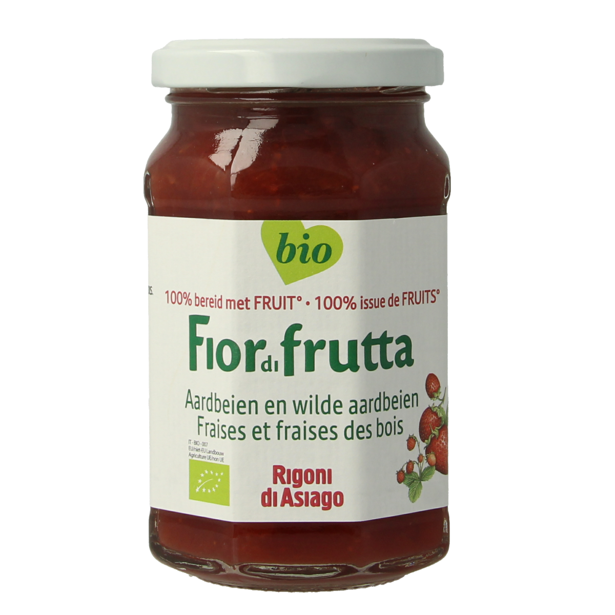 Fiordifrutta organic strawberry jam spread on bread, 250g jar, natural fruit preserves for breakfast or snacks.