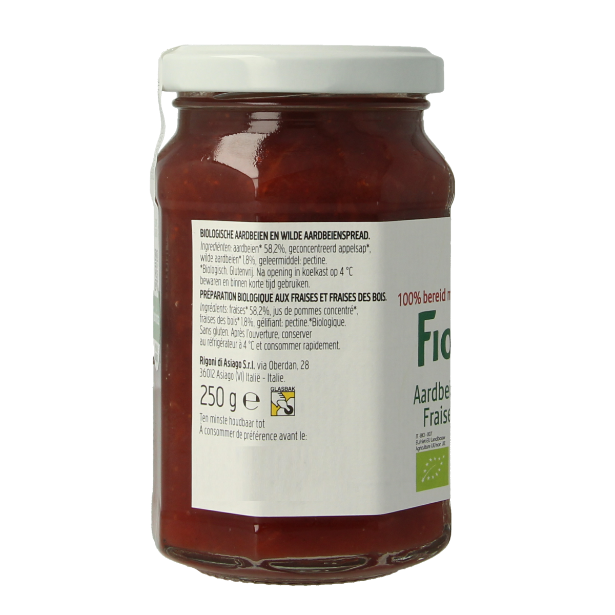 Fiordifrutta organic strawberry jam spread on bread, 250g jar, natural fruit preserve in a glass jar.