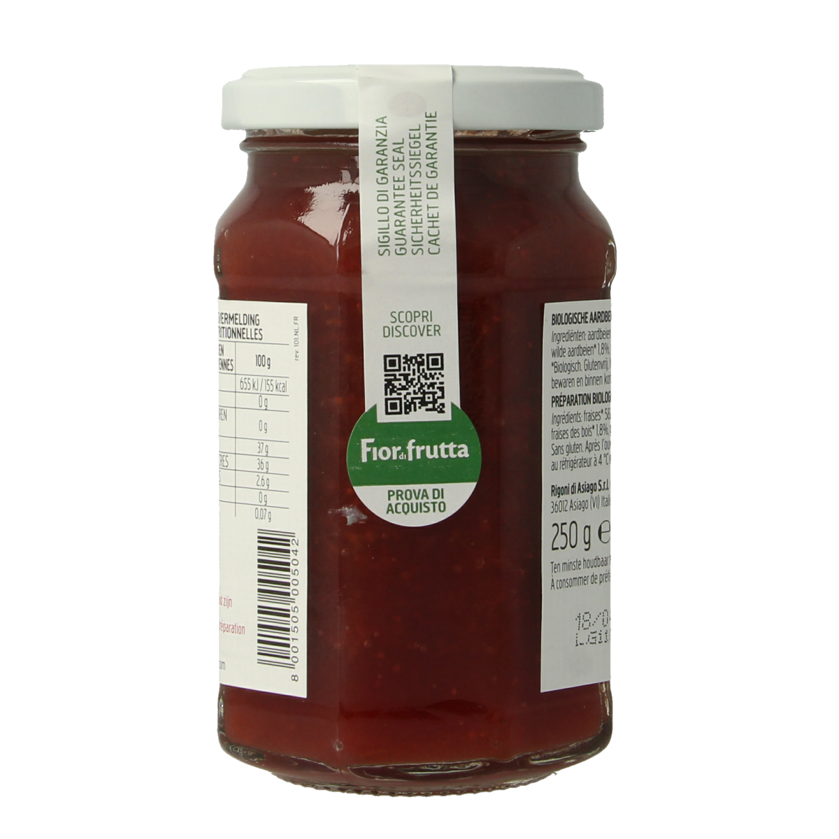 Fiordifrutta bio strawberry jam spread on bread, 250g jar, natural fruit preserves from Italy.
