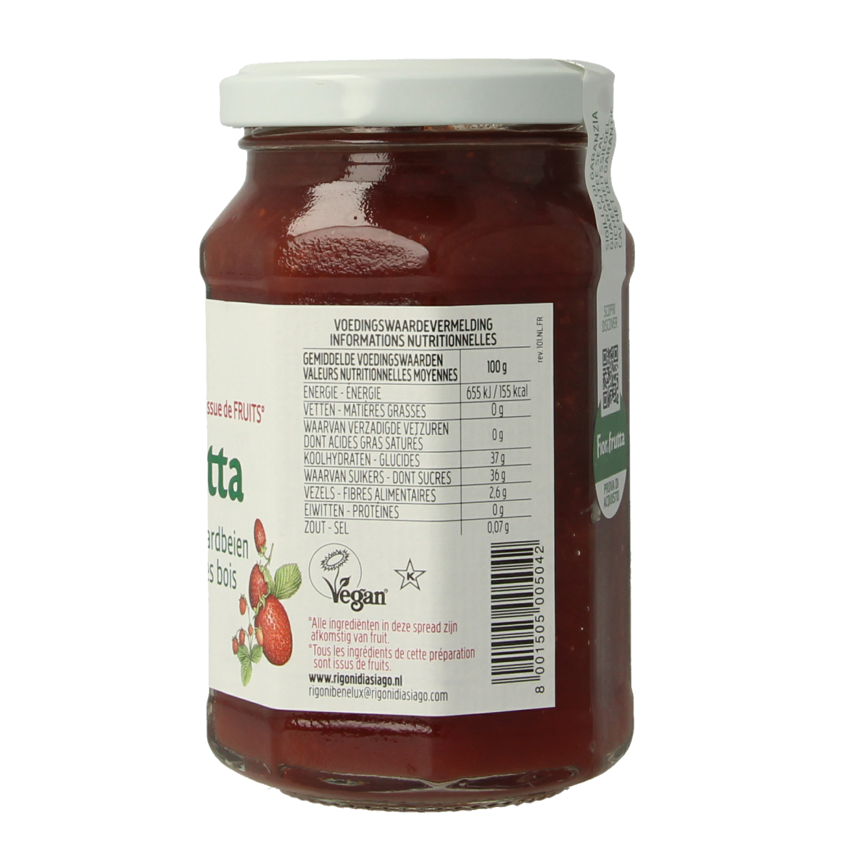Jar of Fiordifrutta organic strawberry jam on a bread slice, showcasing fresh strawberry jam as a natural broodbeleg.
