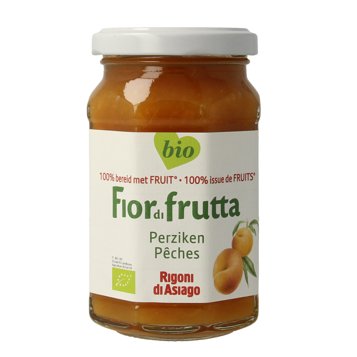 Fiordifrutta Perzikjam bio spread on bread, showing fresh peach jam in a jar, with a spoon and slices of peach.