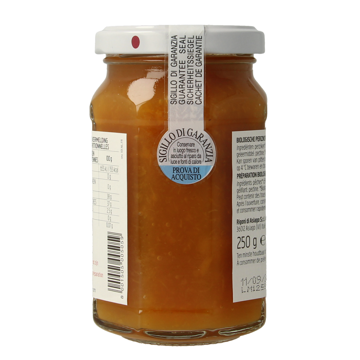 Fiordifrutta Perzikjam bio spread on bread, showcasing fresh peach jam in a 250g jar. Natural and organic breakfast spread.