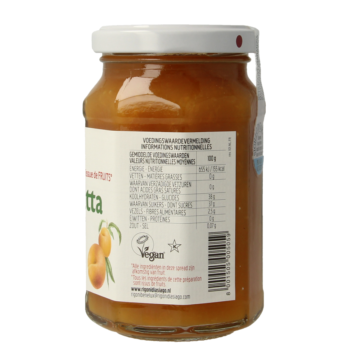 Glass jar of Fiordifrutta Perzikjam bio peach jam on a white background, showcasing the organic fruit spread and label details.