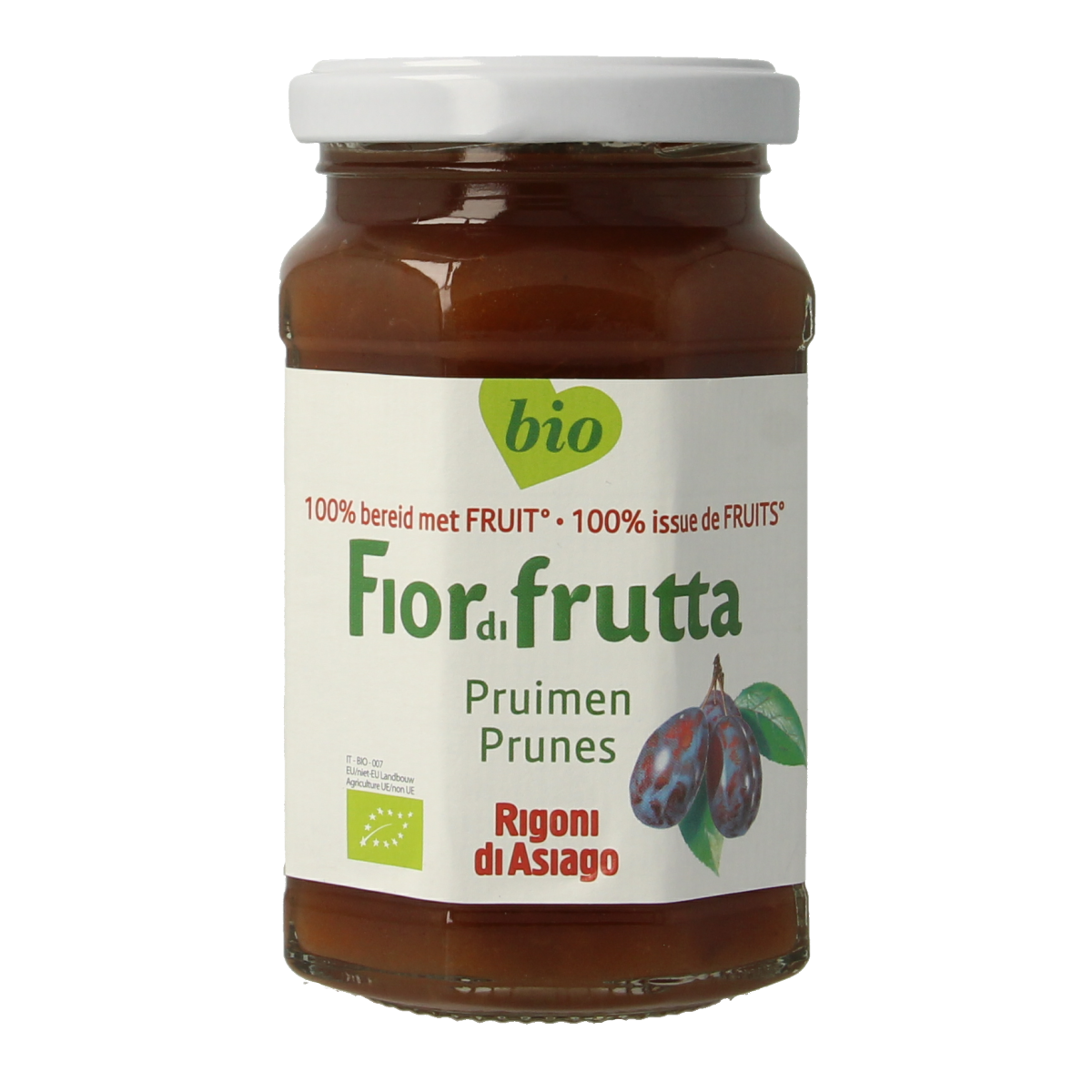 Fiordifrutta organic prune jam spread on bread in a jar, showcasing a rich, dark fruit preserve for breakfast or snacks.