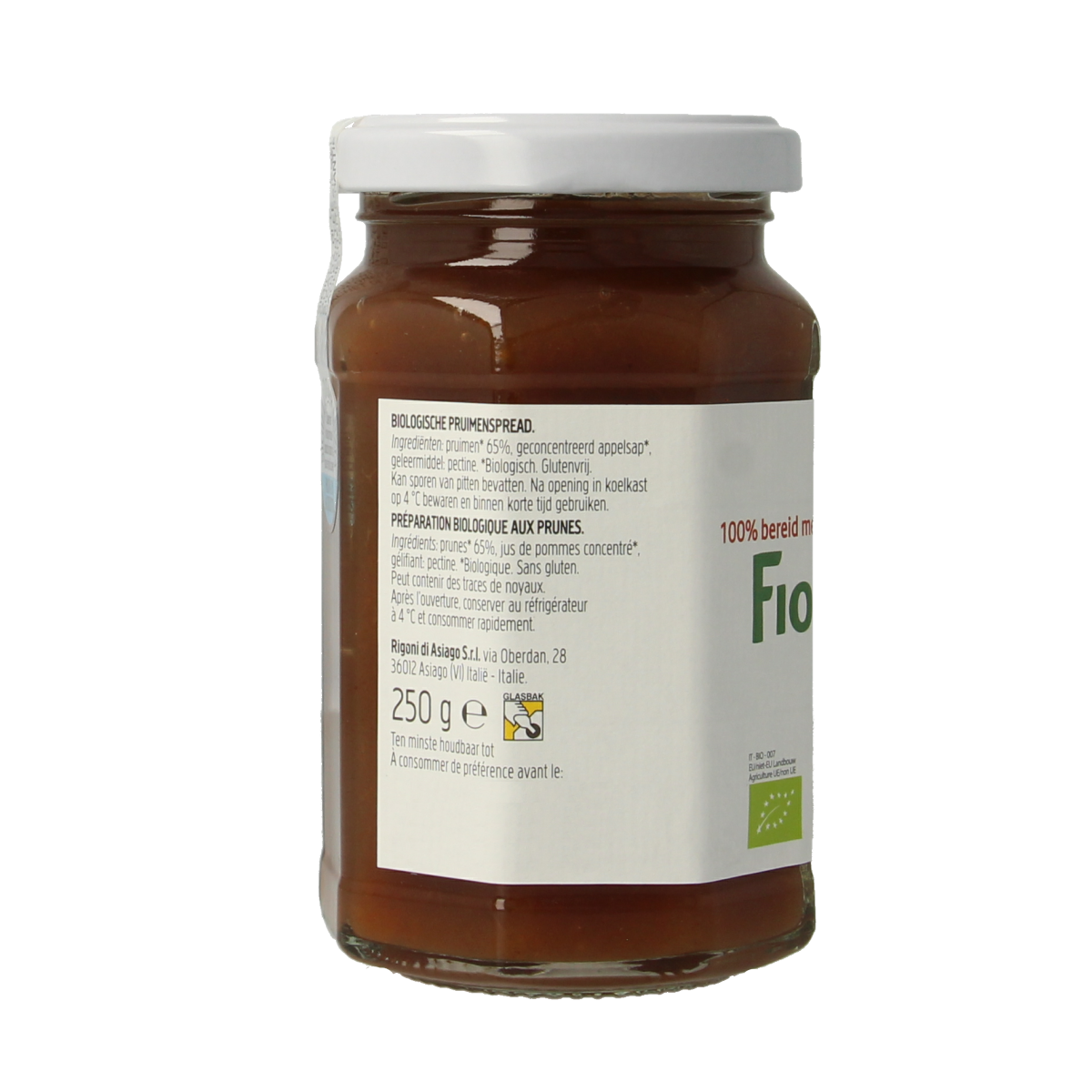 Fiordifrutta organic plum jam spread on bread, showcasing the glossy purple fruit and jar label.