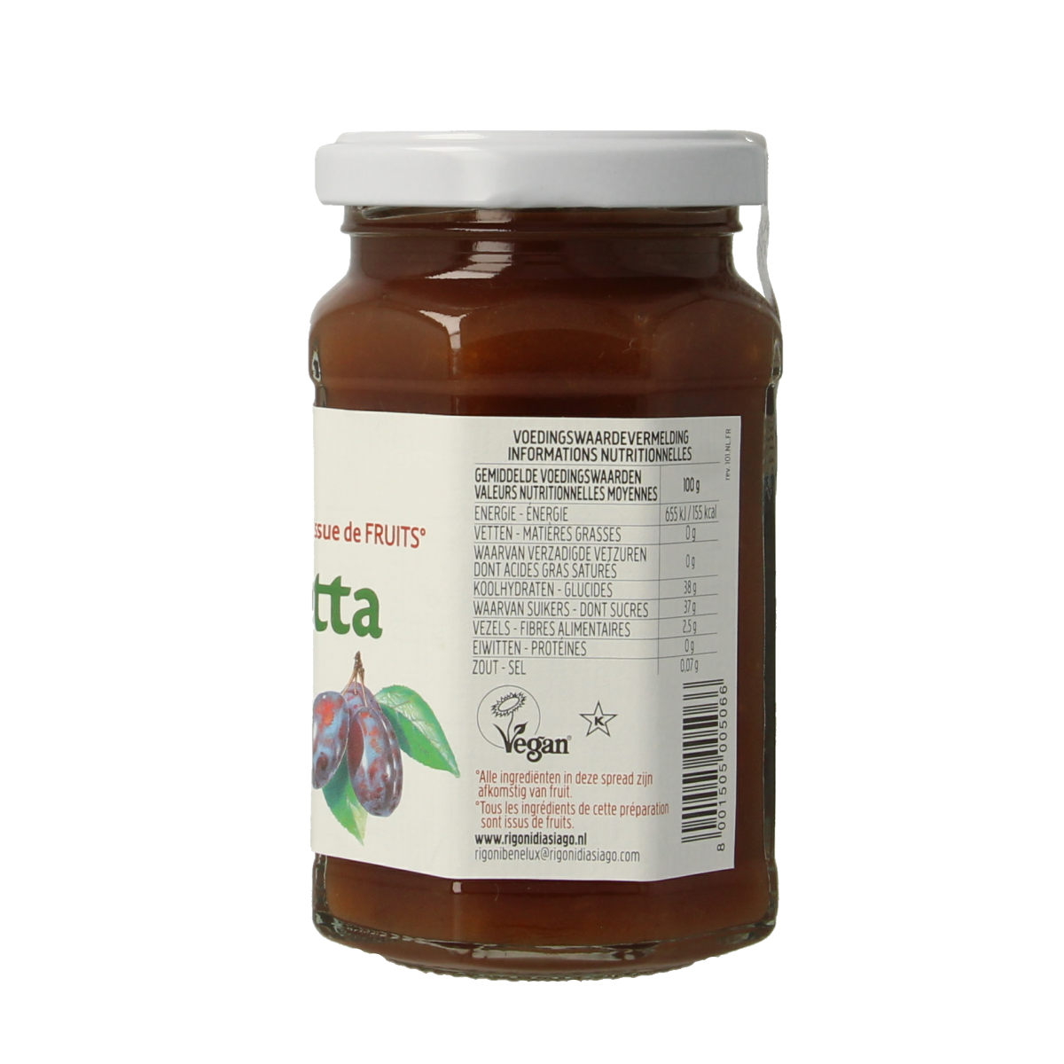 Fiordifrutta bio prune jam spread on bread, showcasing glossy purple fruit and smooth texture in a jar.