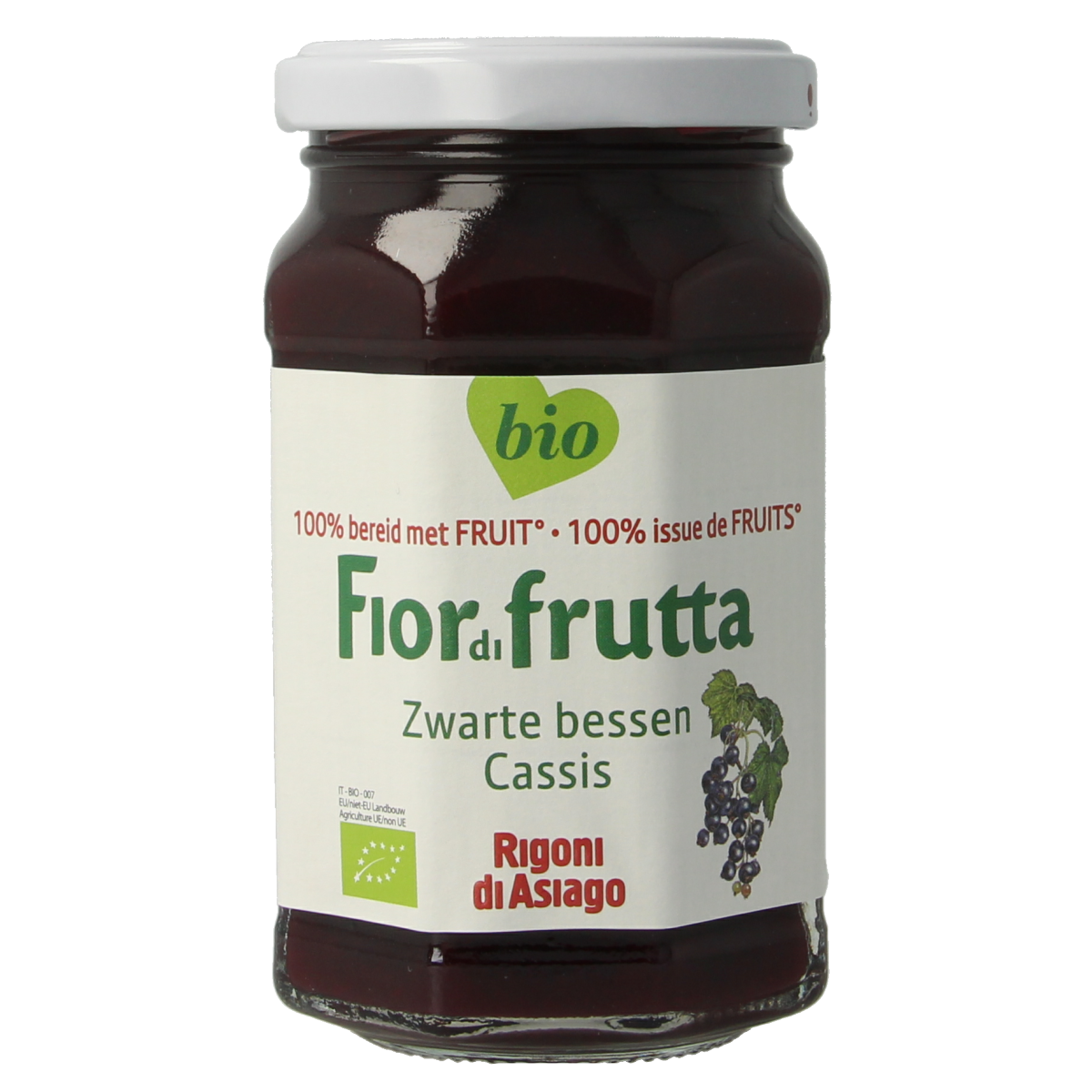 Fiordifrutta Zwarte Bessenjam bio, 250g, a natural spread for bread with visible dark berry jam on toast.