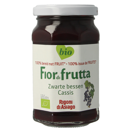 Fiordifrutta Zwarte Bessenjam bio, 250g, a natural spread for bread with visible dark berry jam on toast.