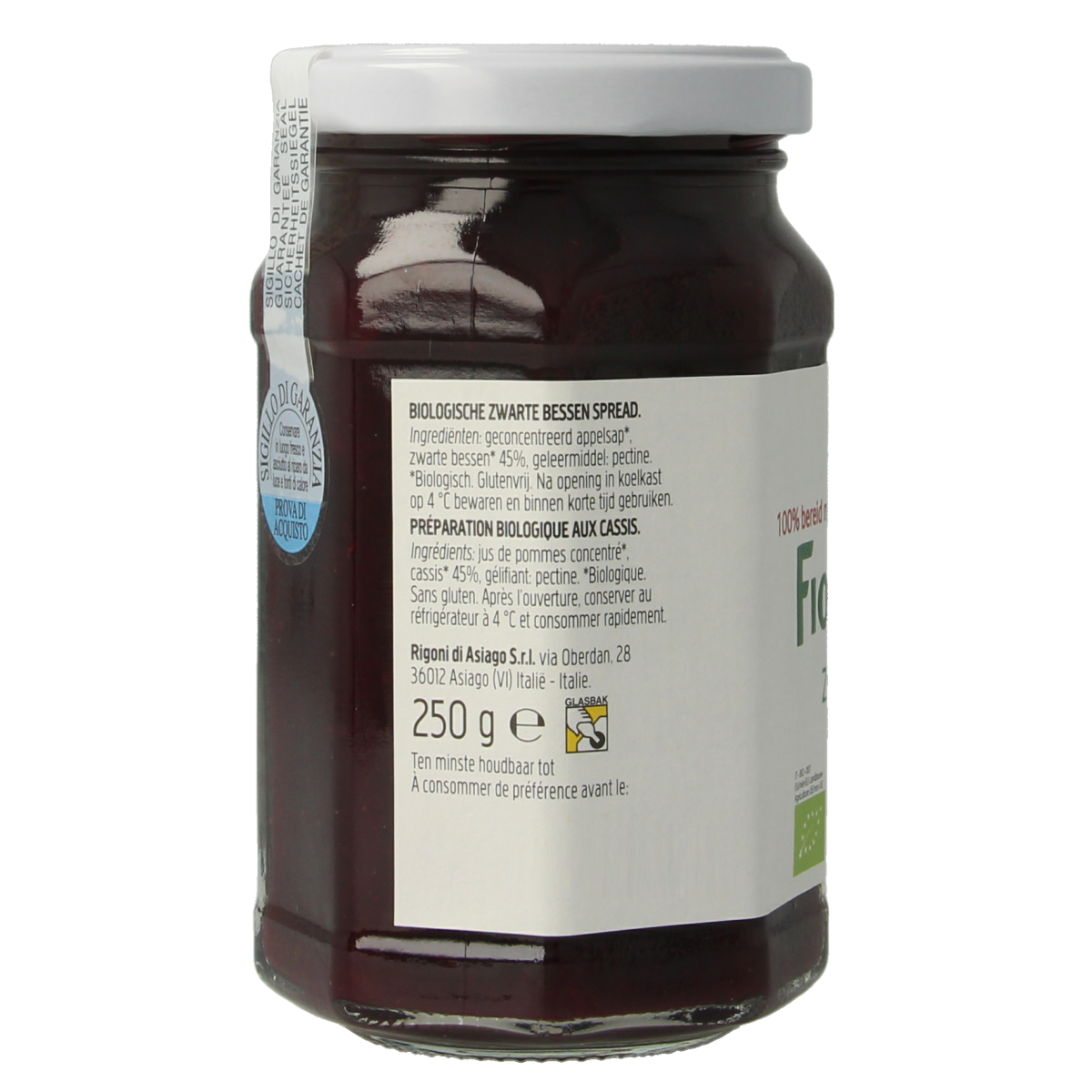 Fiordifrutta Zwarte bessenjam bio, 250g, natural fruit spread for bread, showcasing the jar with dark berry jam.