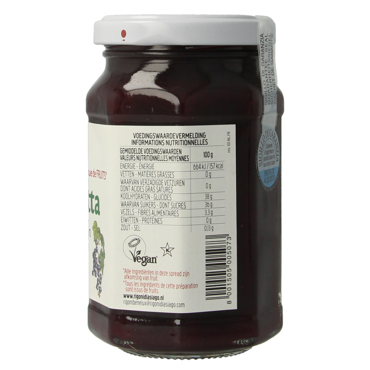 Fiordifrutta bio zwarte bessenjam spread on bread, 250g jar, natural fruit preserve with dark berry color.