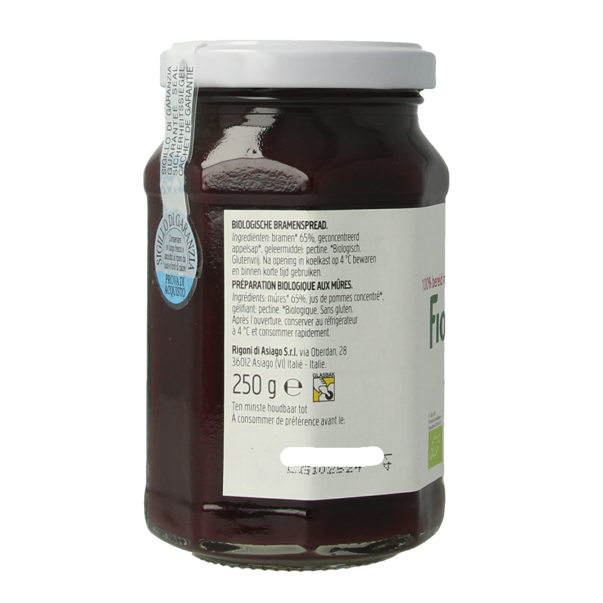 Jar of Fiordifrutta Bramenjam bio, a 250g organic blackberry spread, shown with the label and jam inside.