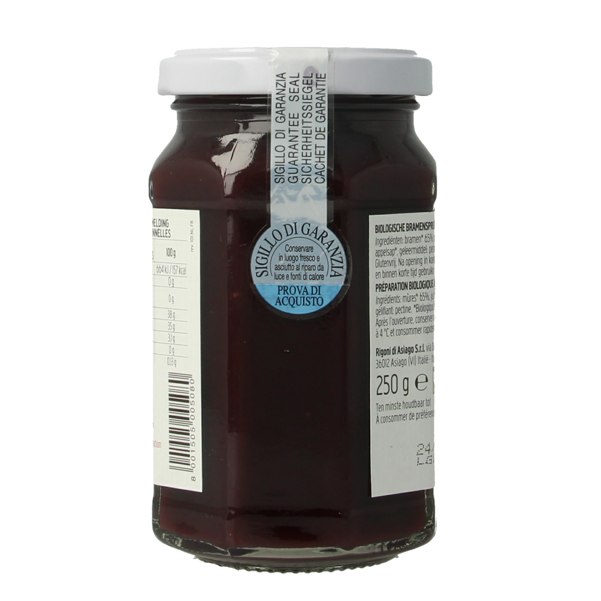 Jar of Fiordifrutta Biologische Bramenjam (blackberry jam) for bread, 250 grams, with fresh blackberries visible in the jam.