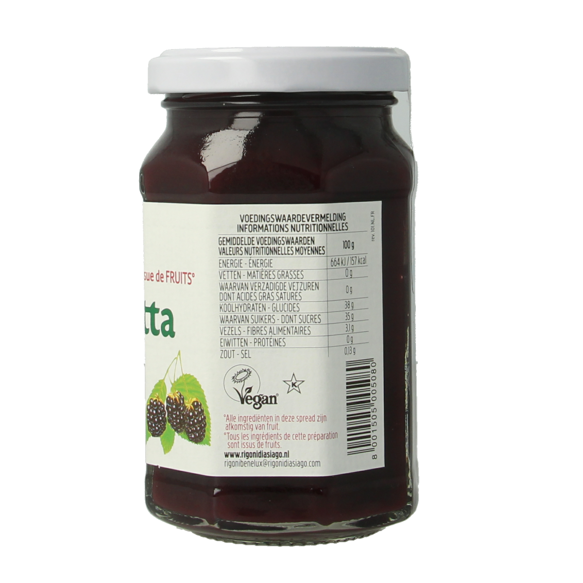 Fiordifrutta Bramenjam bio spread on bread, 250g jar, with fresh blackberries and fruit chunks visible.