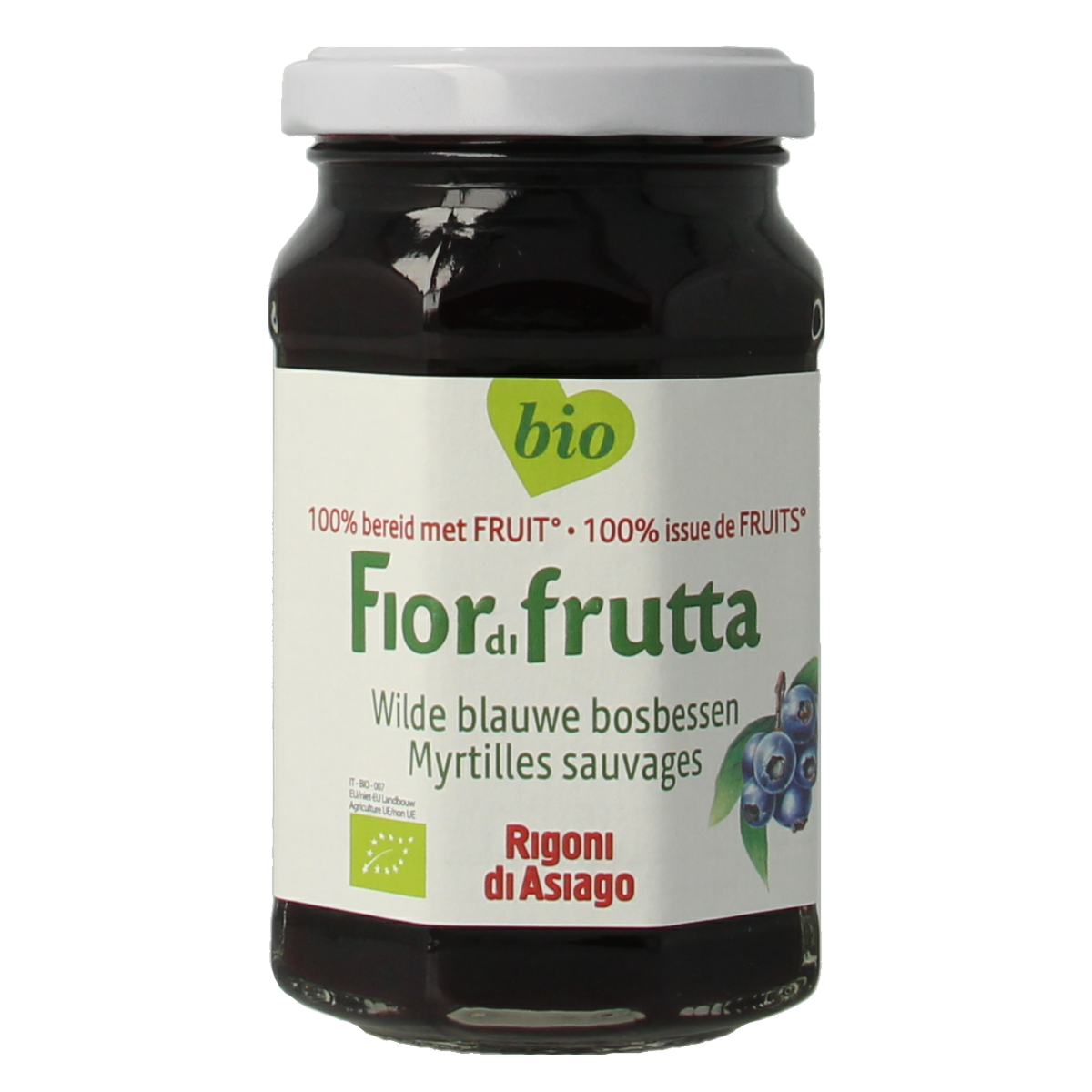 Fiordifrutta Blauwe bosbesjam bio 250g, natural blueberry jam spread on bread, made with organic ingredients.