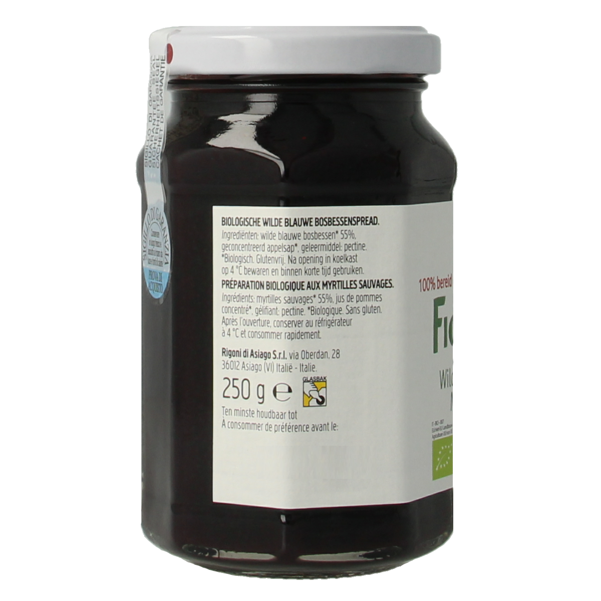 Fiordifrutta Blauwe Bosbesjam bio, 250g, natural blueberry fruit spread for bread and toast.