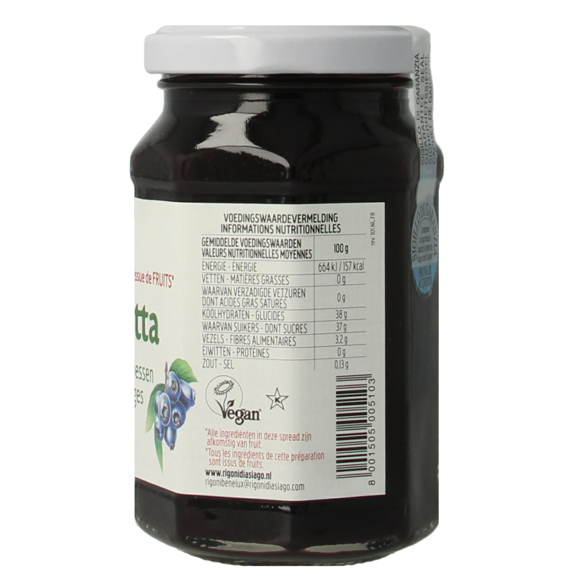 Fiordifrutta Blauwe bosbesjam bio 250g, organic blueberry jam spread on bread, natural fruit preserves from Fiordifrutta.