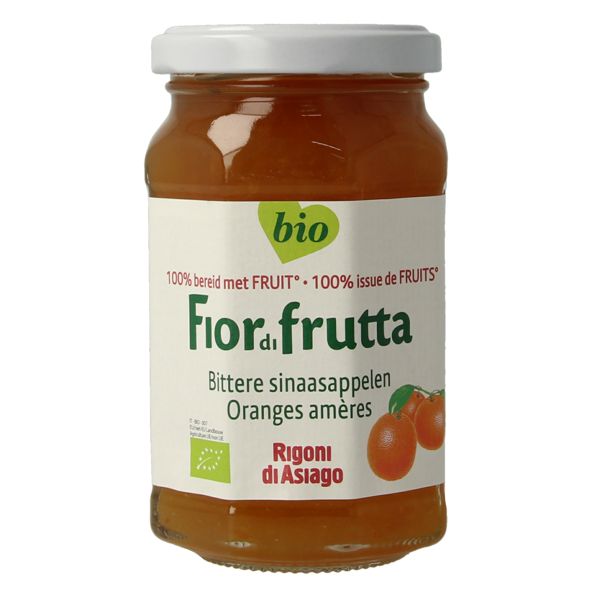 Fiordifrutta Sinaasappeljam bio, 260g jar of organic orange jam as a spread on bread or toast.