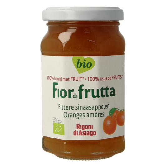 Fiordifrutta Sinaasappeljam bio, 260g jar of organic orange jam as a spread on bread or toast.