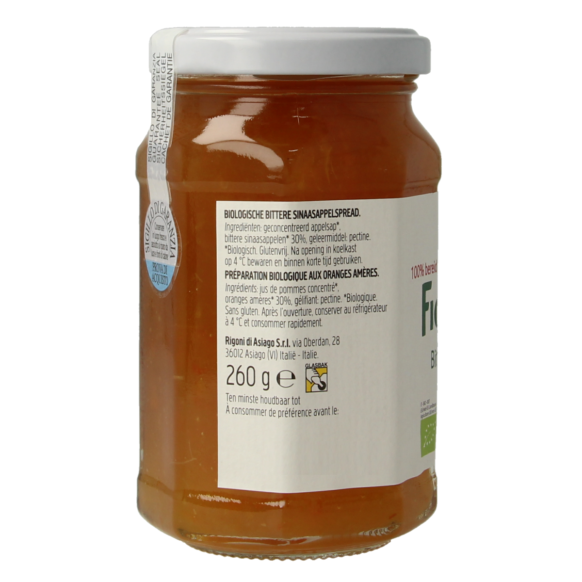 Fiordifrutta Sinaasappeljam bio 260g spread on bread, showing the jar with orange citrus jam and fresh slices.