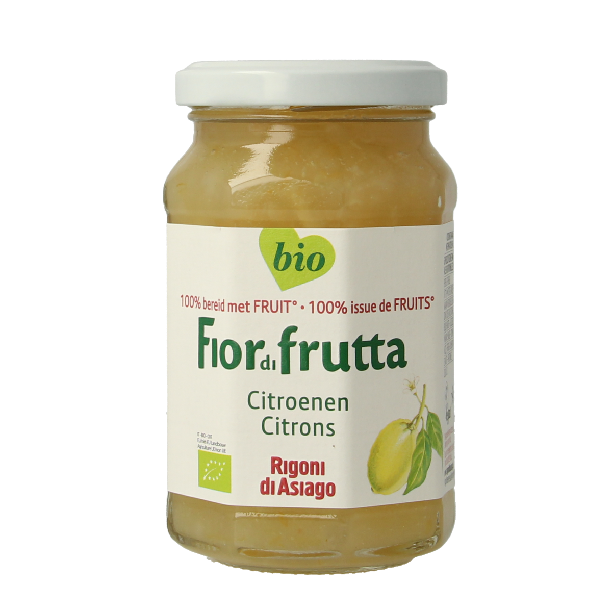 Fiordifrutta Citroenjam bio spread on bread, showing bright yellow citrus jam in a jar with a spoon.