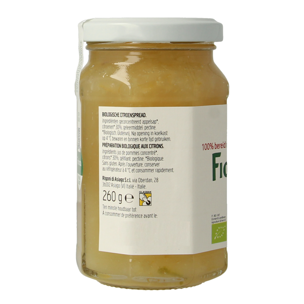 Fiordifrutta Citroenjam bio spread on bread, showcasing a jar of citrus fruit jam from Fiordifrutta for breakfast or snack.