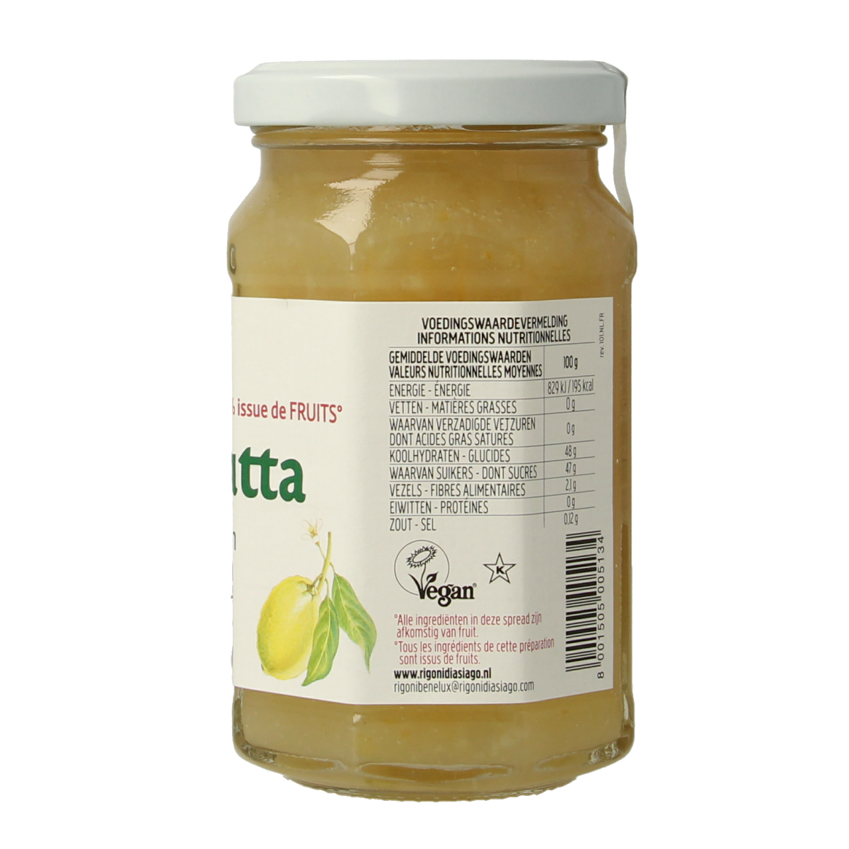 Fiordifrutta Citroenjam bio spread on bread, showcasing bright yellow citrus jam in a jar, natural and fresh appearance.